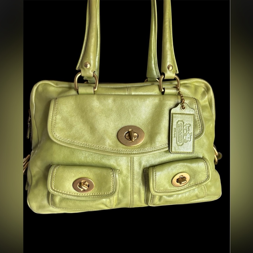 Coach Lime Green Leather Bag with Striped Interior EUC